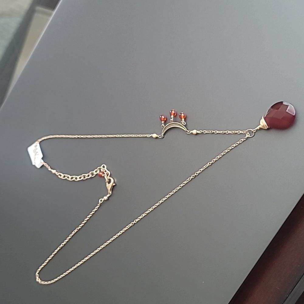 Carnelian Teardrop Pendant Necklace 14kt Gold Filled Half Moon with Dangles - Picture 2 of 8